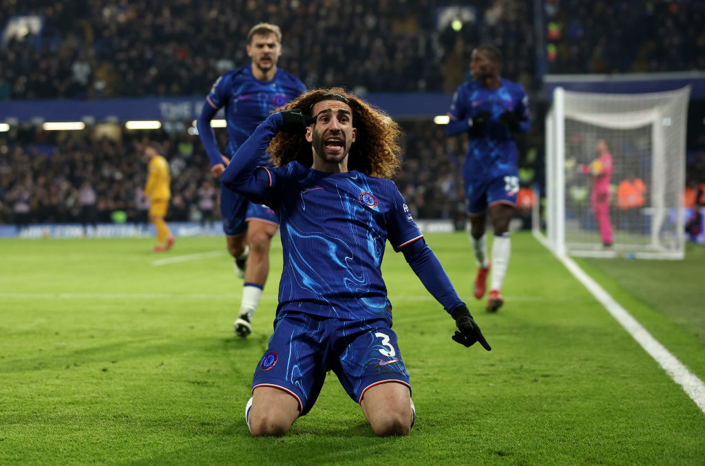 Marc Cucurella of Chelsea celebrates scoring his team's second goal during the Premier League match between Chelsea FC and Wolverhampton Wanderers ...