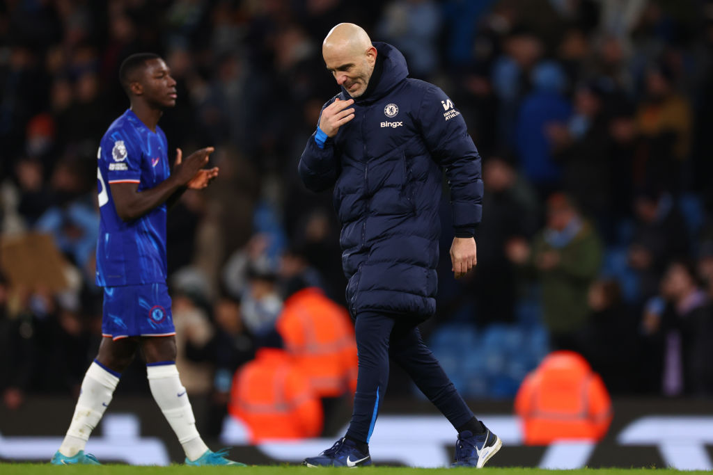 A dejected looking Chelsea Manager Enzo Maresca after the 3-1 loss during the Premier League match between Manchester City FC and Chelsea FC at Eti...