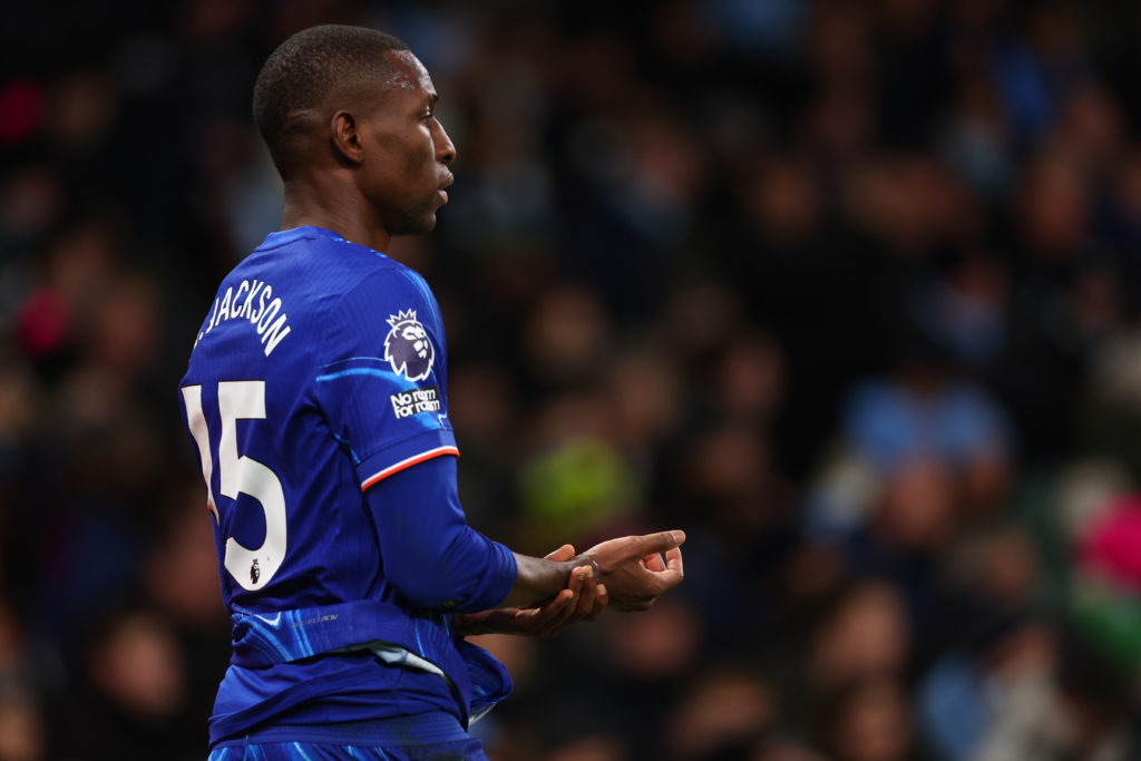Nicolas Jackson of Chelsea during the Premier League match between Manchester City FC and Chelsea FC at Etihad Stadium on January 25, 2025 in Manch...