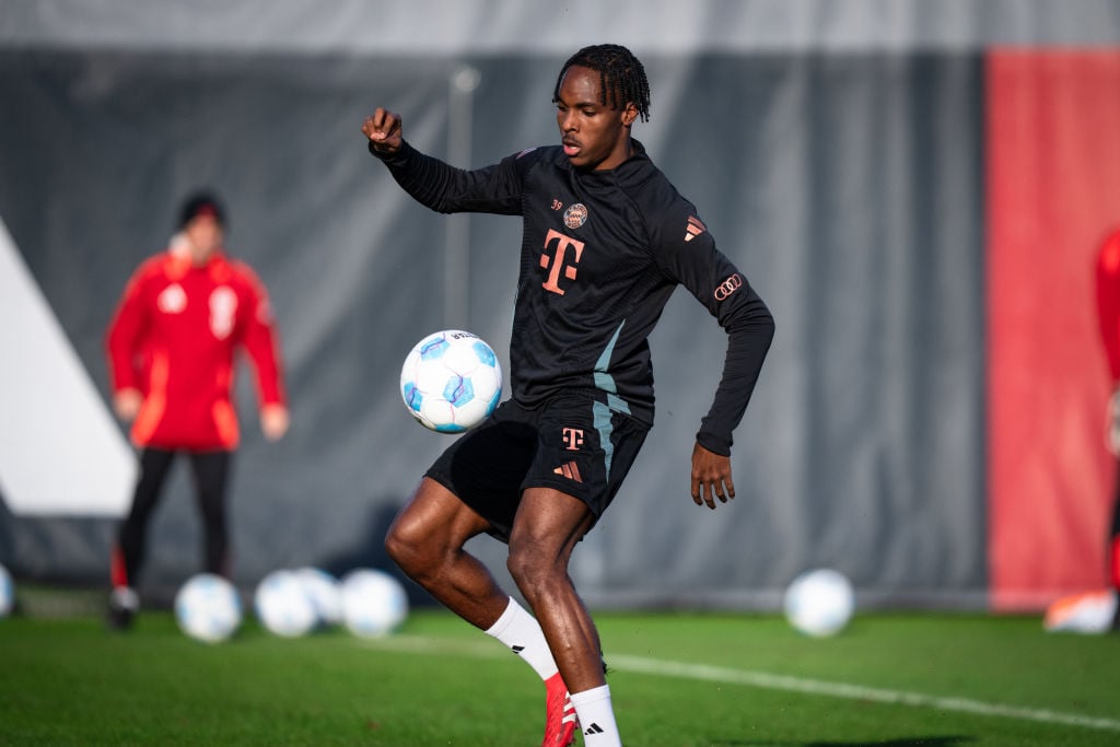 (EDITORS NOTE: Image has been digitally enhanced.) Mathys Tel of FC Bayern Muenchen kicks the ball during a training session at on January 24, 202...