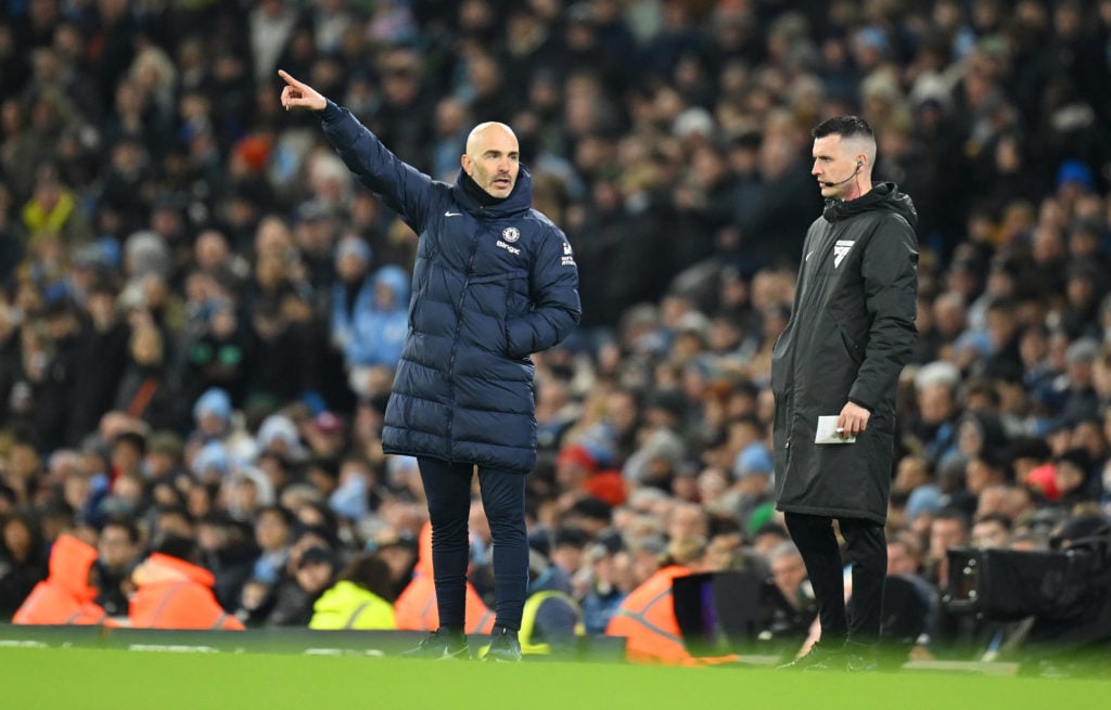 Enzo Maresca, Manager of Chelsea, gestures during the Premier League match between Manchester City FC and Chelsea FC at Etihad Stadium on January 2...