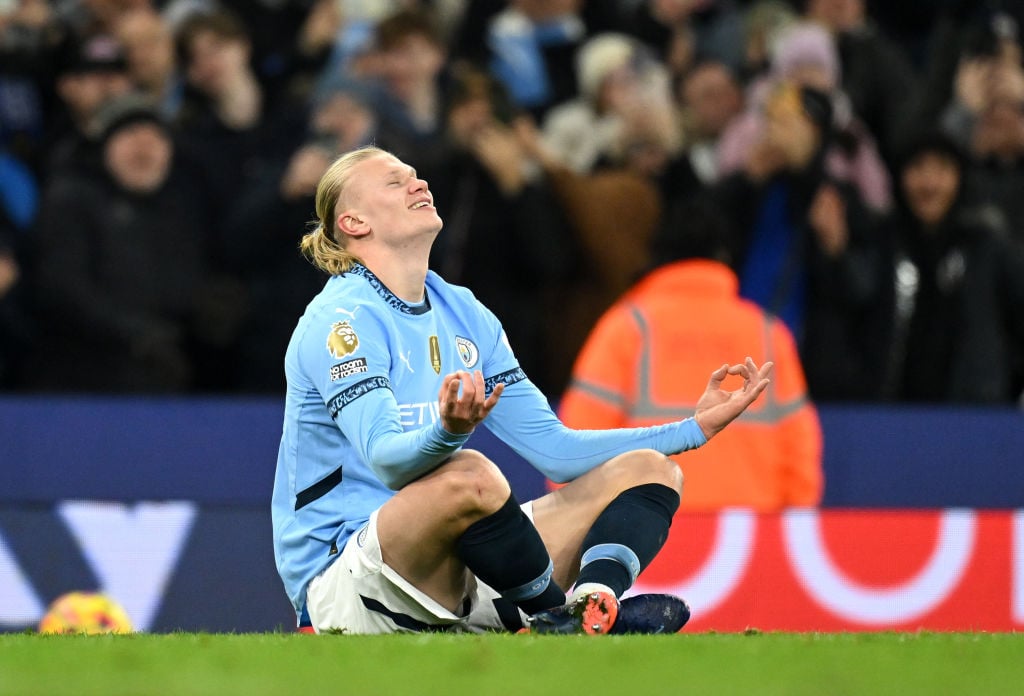 Erling Haaland of Manchester City celebrates scoring his team's second goal during the Premier League match between Manchester City FC and Chelsea ...