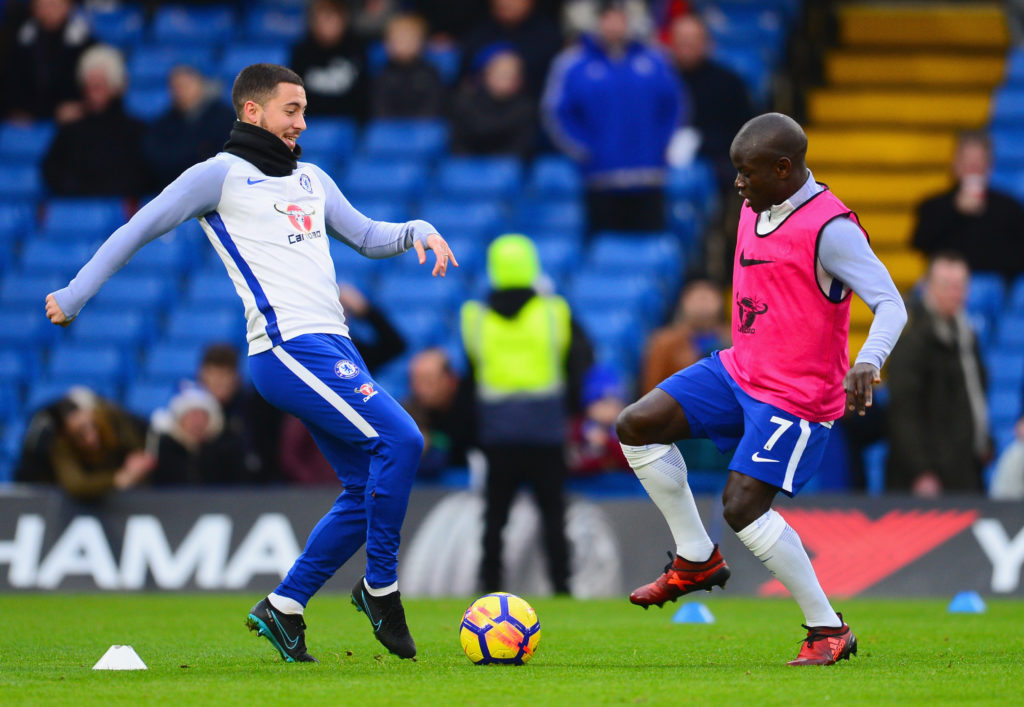 Eden Hazard and N'Golo Kante of Chelsea warm up prior to the Premier League match between Chelsea and Brighton and Hove Albion at Stamford Bridge o...