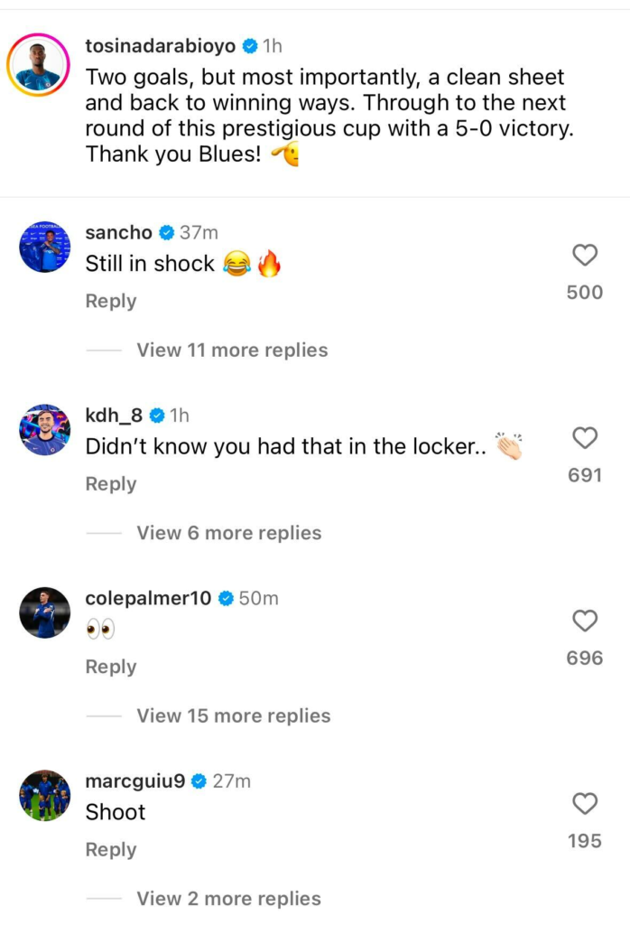 Tosin Adarabioyo's Instagram post after scoring two Chelsea goals