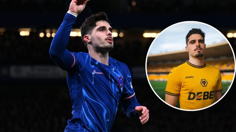 Pedro Neto of Chelsea celebrates. Inset, Pedro Neto in Wolverhampton Wanderers kit.