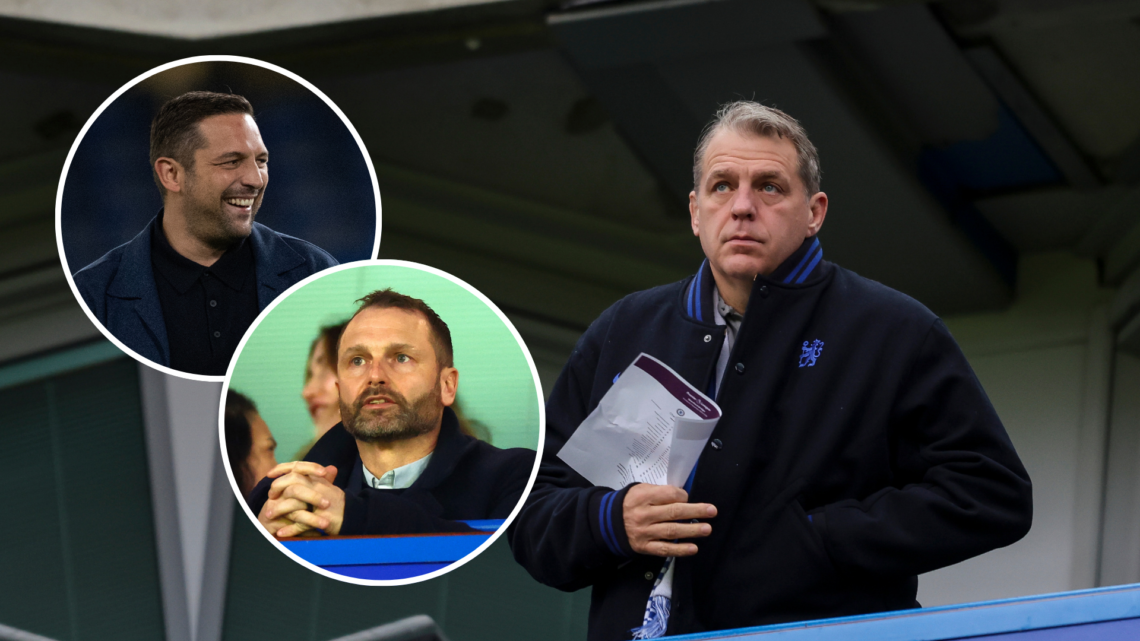 Chelsea Chairman and co-owner Todd Boehly during the Premier League match between Chelsea FC and Aston Villa FC, with two insets of Laurence Stewar...