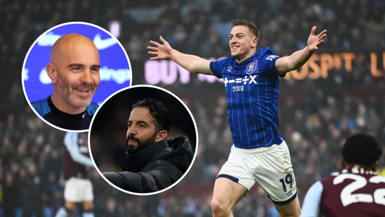 Liam Delap of Ipswich Town celebrates scoring his team's first goal during the Premier League match between Aston Villa FC and Ipswich Town FC with...
