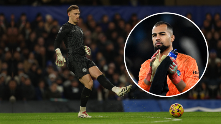 Chelsea's Swedish-Danish goalkeeper #12 Filip Jorgensen plays a pass during the English Premier League football match between Chelsea and West Ham ...
