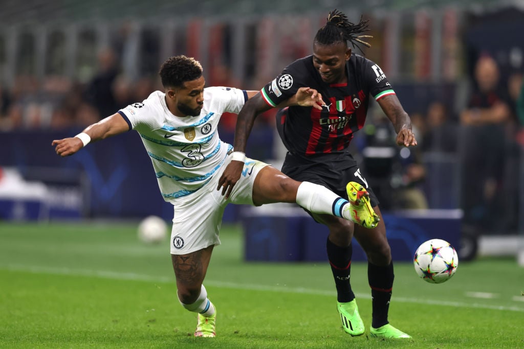 Reece James of Chelsea FC challenges Rafael Leao of AC Milan during the UEFA Champions League group E match between AC Milan and Chelsea FC at Gius...