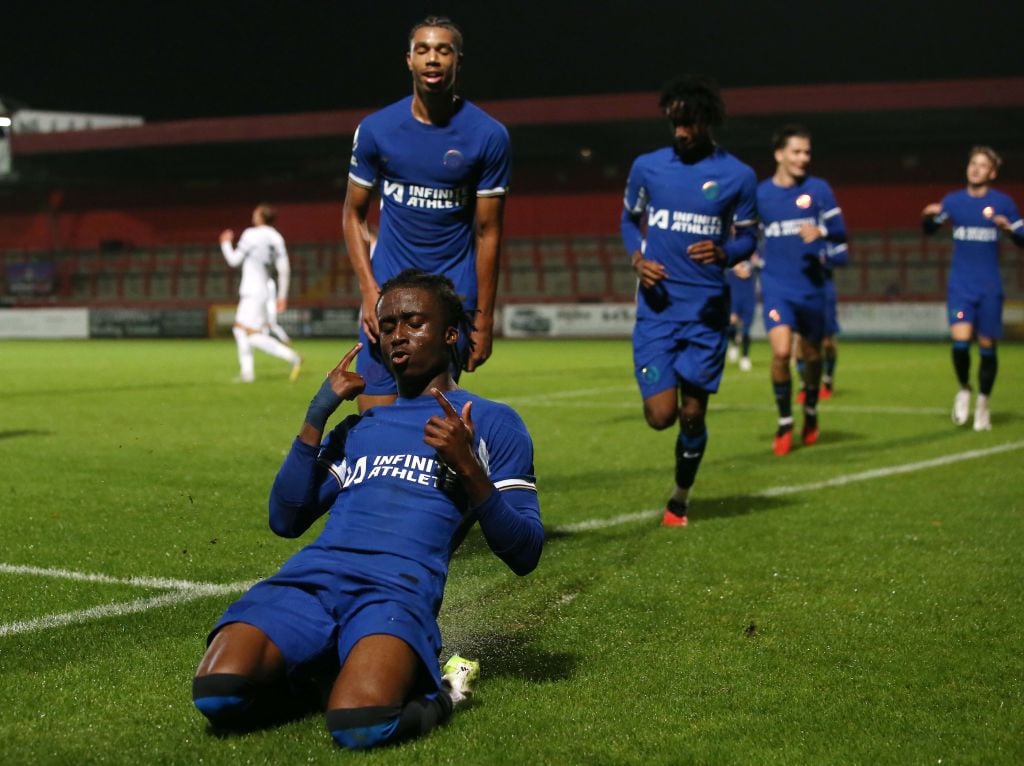 Somto Boniface of Chelsea goal celebration during a Premier League 2 match between Tottenham Hotspur U21 and Chelsea U21 at The Lamex Stadium on Oc...