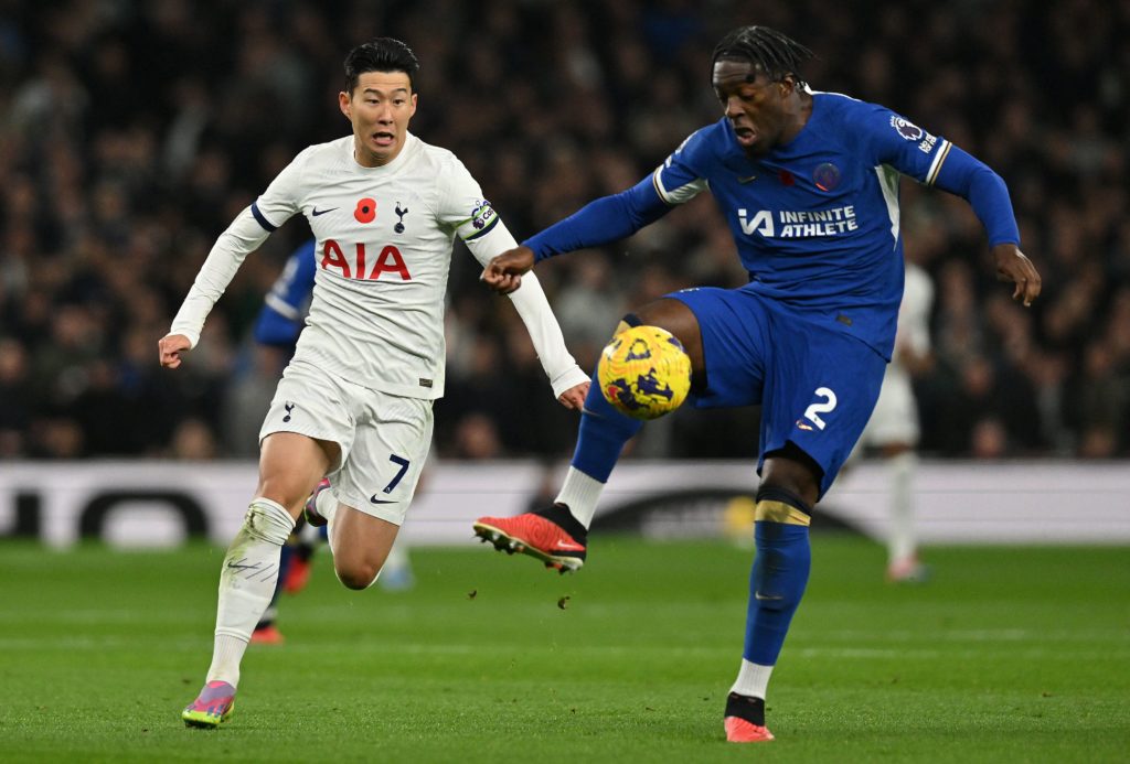 Chelsea defender Axel Disasi with the ball and Tottenham's Son Heung-min