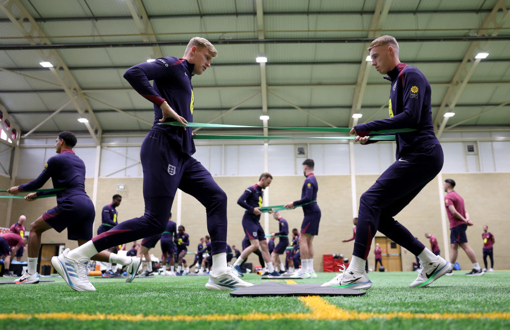 Jarrad Branthwaite and Cole Palmer of England train in the gym at Rockliffe Park on May 30, 2024 in Darlington, England.