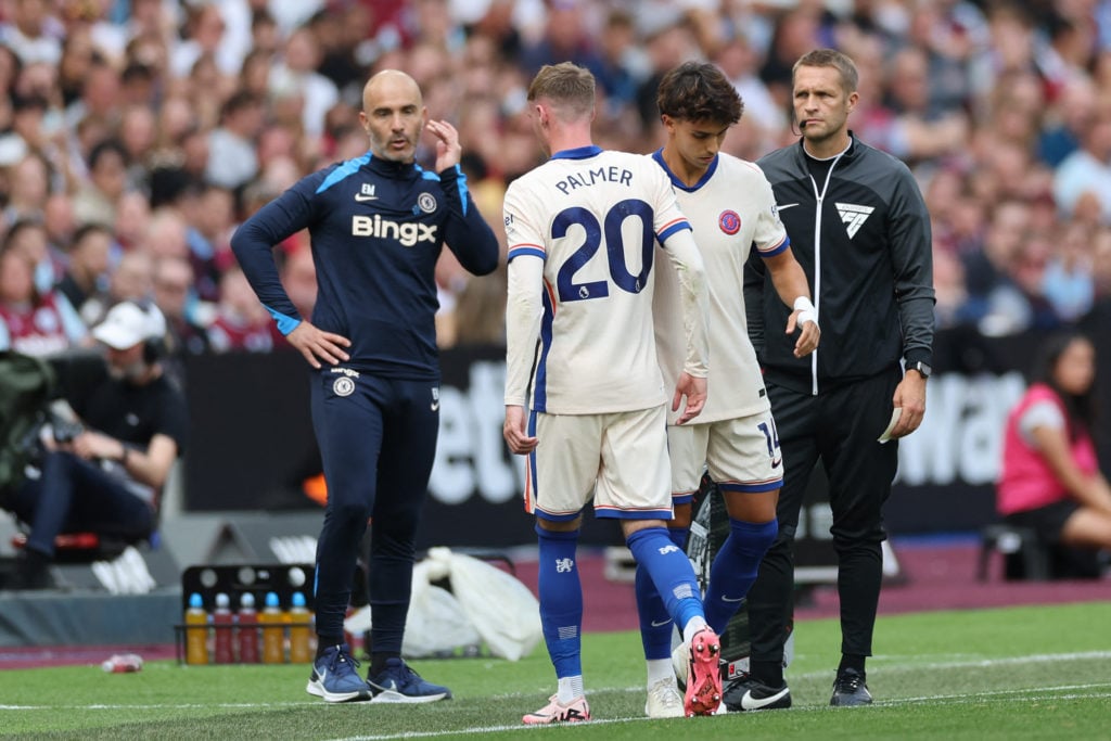 Chelsea's English midfielder #20 Cole Palmer (C) is substituted for Chelsea's Portuguese striker #14 Joao Felix (R) during the English Premier Leag...