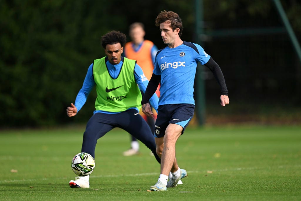 Renato Veiga and Ben Chilwell in a training session for Chelsea.