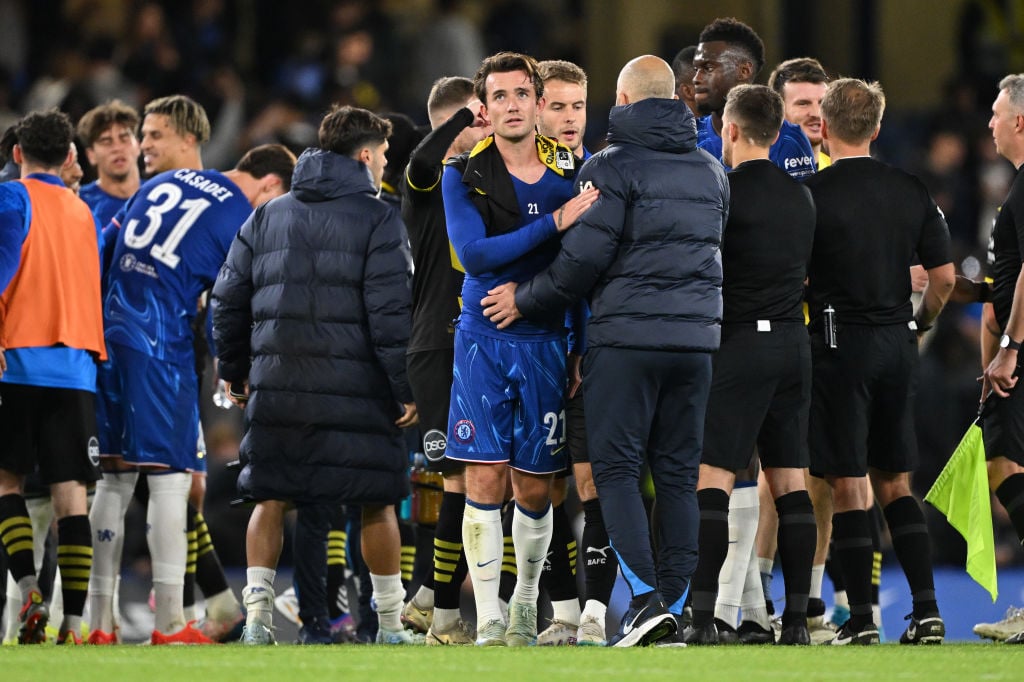 Ben Chilwell of Chelsea embraces coach Enzo Maresca at the end of the Carabao Cup Third Round match between Chelsea and Barrow at Stamford Bridge o...