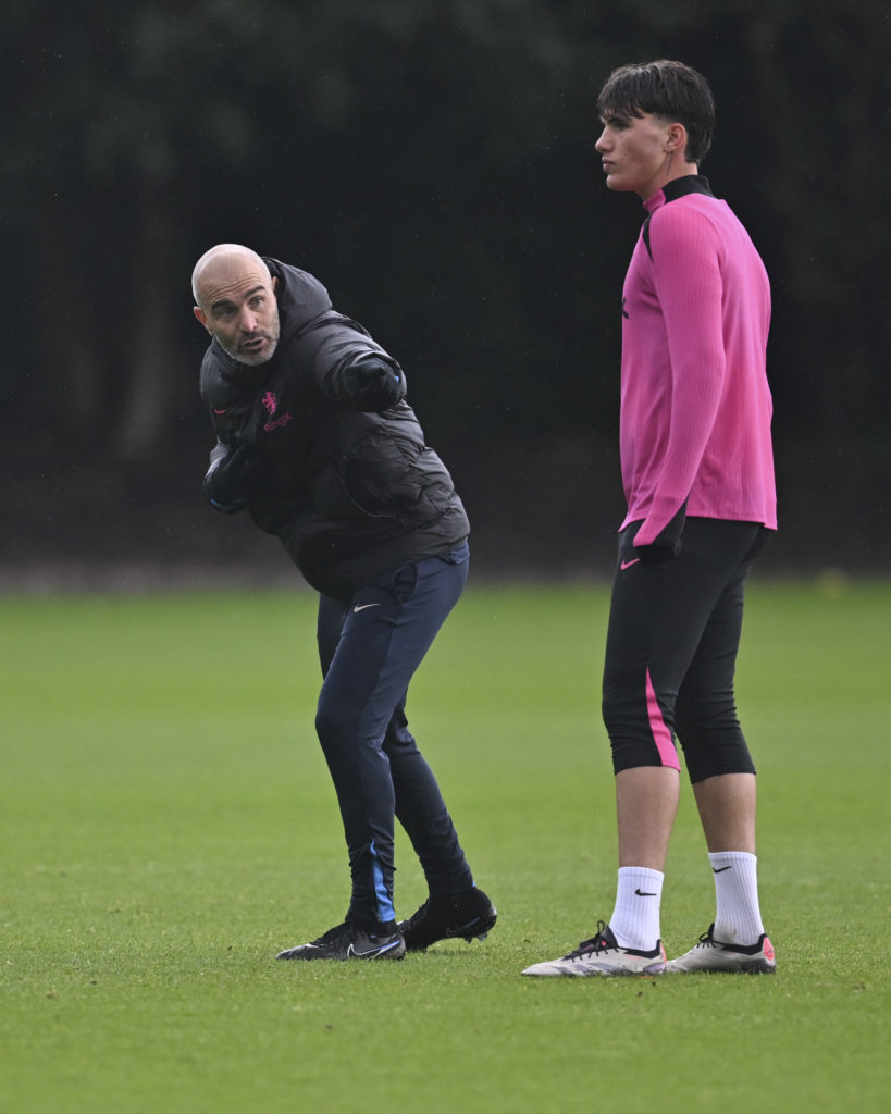 Head Coach Enzo Maresca and Cesare Casadei of Chelsea during the UEFA Conference League 2024/25 League Phase MD1 training and press conference at C...