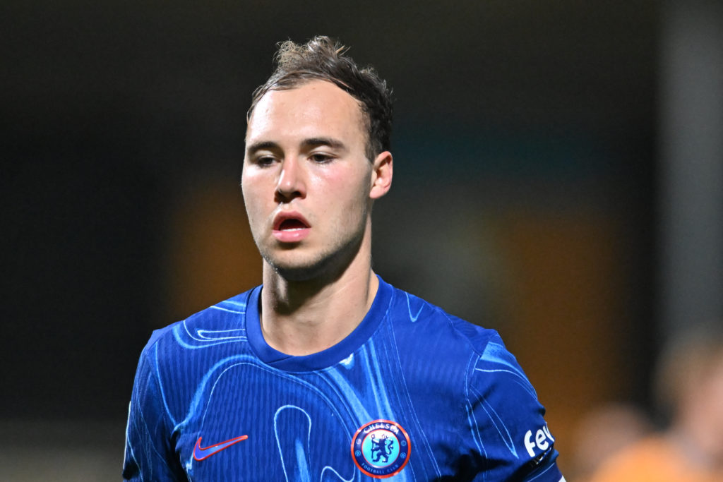 Harvey Vale (43 Chelsea) participates in the EFL Trophy match between Cambridge United and Chelsea Under 21s at the Cledara Abbey Stadium in Cambri...