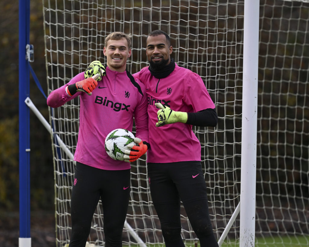 Filip Jorgensen and Robert Sanchez of Chelsea during a training session at Chelsea Training Ground on November 27, 2024 in Cobham, England.