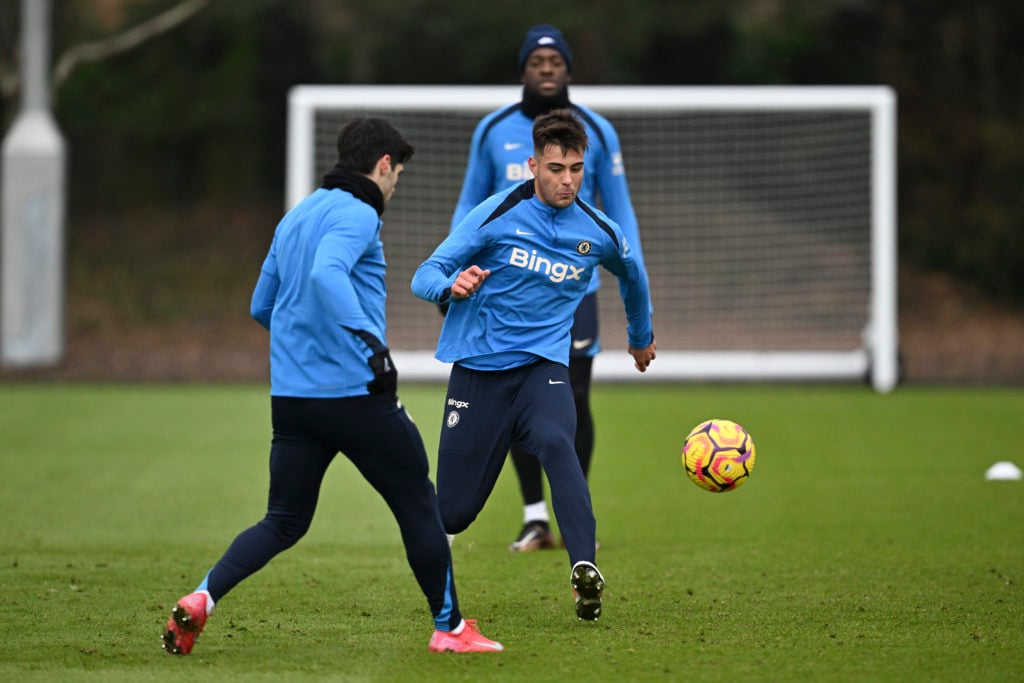 Aaron Anselmino of Chelsea during a training session at Chelsea Training Ground on January 17, 2025 in Cobham, England.