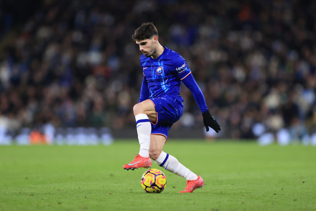 Pedro Neto of Chelsea in action during the Premier League match between Manchester City FC and Chelsea FC at Etihad Stadium on January 25, 2025 in ...