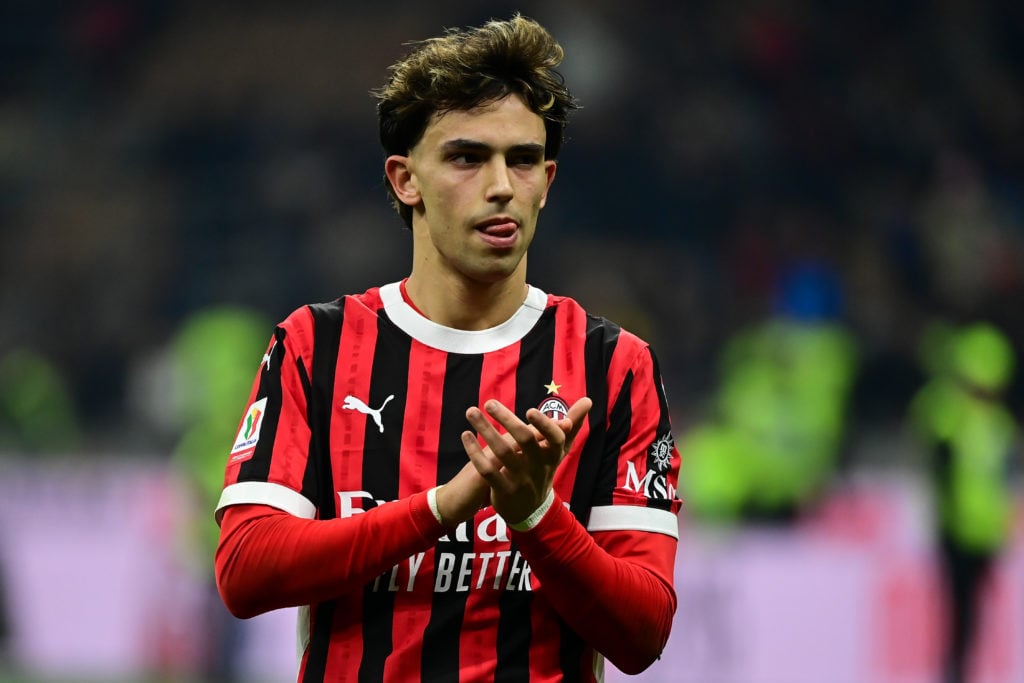 Joao Félix of AC Milan reacts at the end of the Italian Coppa Italia football match AC Milan vs AS Roma at San Siro Stadium in Milan, Italy on Febr...