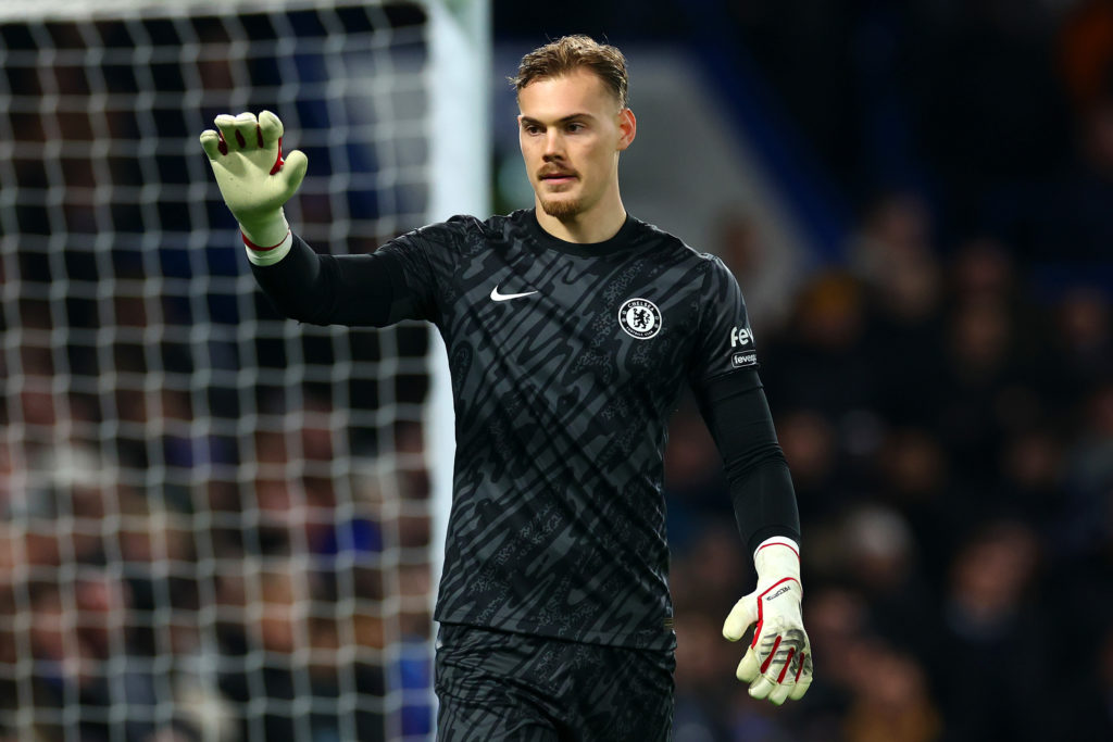 Filip Jorgensen playing for Chelsea against West Ham in the Premier League.
