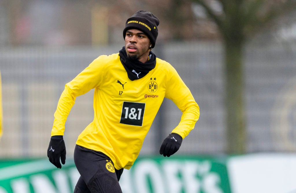 Carney Chukwuemeka of Borussia Dortmund during the training session on February 5, 2025 in Dortmund, Germany.