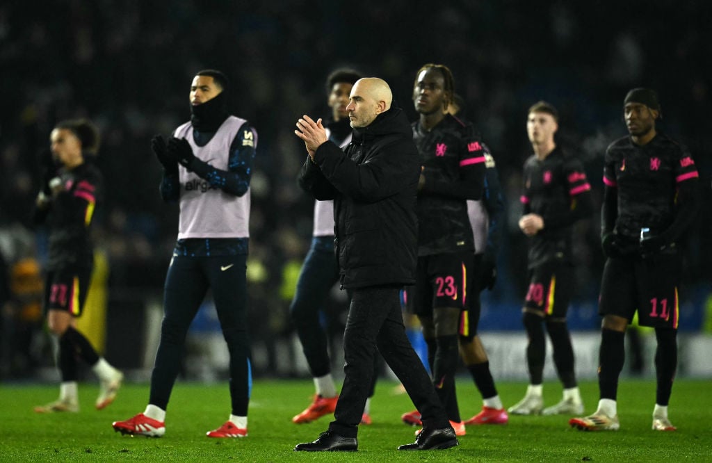 Chelsea's Italian head coach Enzo Maresca applauds the fans following the English FA Cup fourth round football match between Brighton & Hove Al...