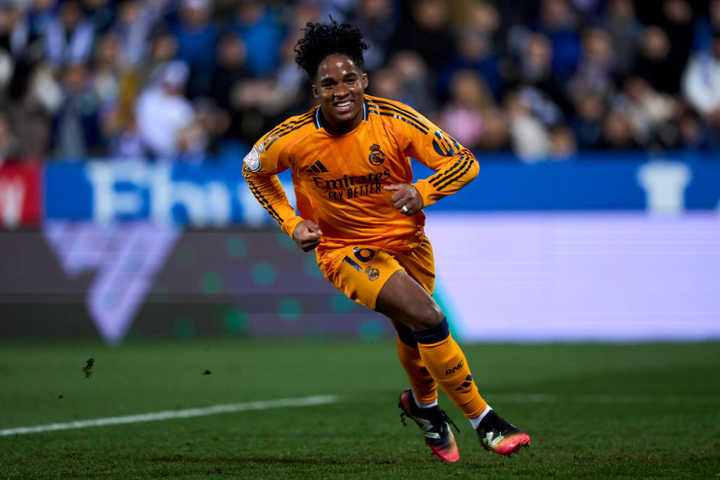 Endrick Felipe of Real Madrid CF celebrates scoring his side's second goal during the Copa del Rey match between CD Leganes and Real Madrid CF at E...