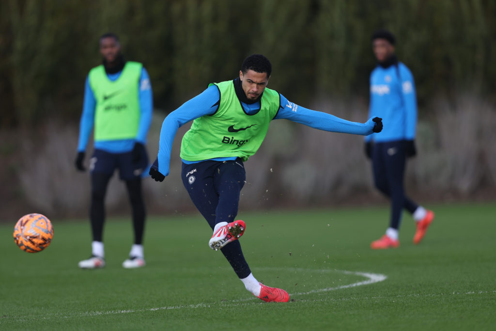 Levi Colwill of Chelsea during the Chelsea Training Session at Chelsea Training Ground on February 06, 2025 in Cobham, England.