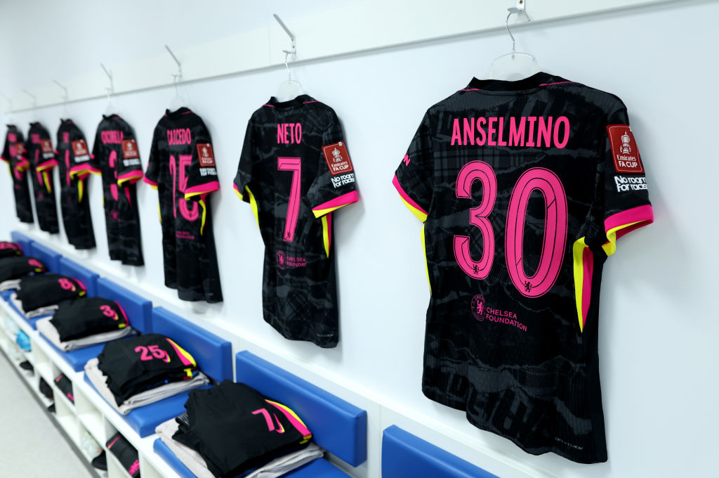 The shirt of Aaron Anselmino is displayed inside the Chelsea dressing room prior to the Emirates FA Cup Fourth Round match between Brighton & H...