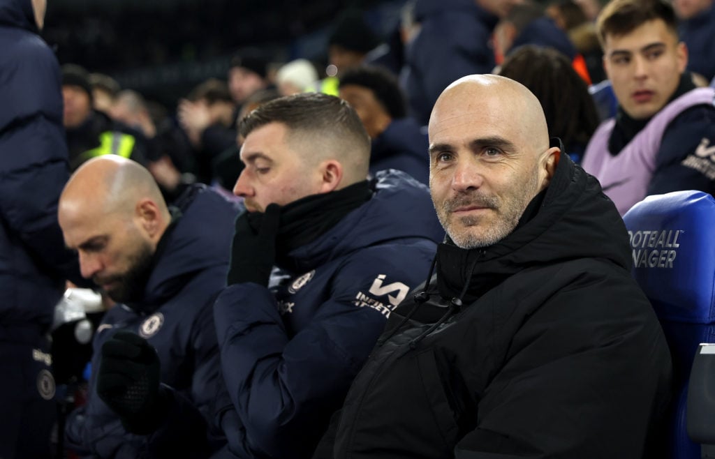 Enzo Maresca, Manager of Chelsea, looks on during the Emirates FA Cup Fourth Round match between Brighton & Hove Albion and Chelsea at Amex Sta...