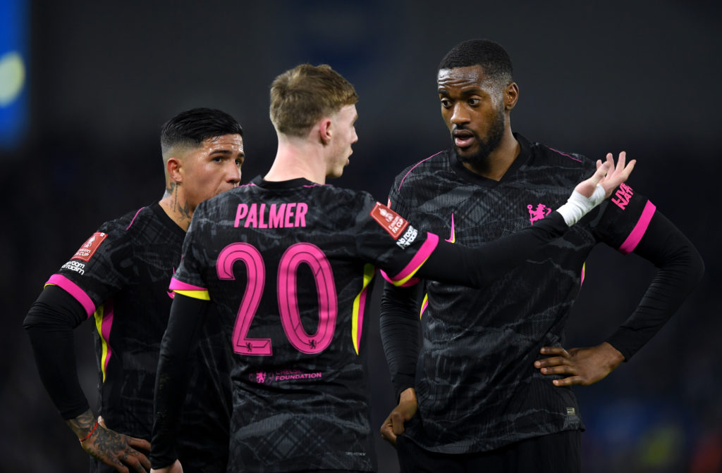 Cole Palmer of Chelsea talks to teammate Tosin Adarabioyo during the Emirates FA Cup Fourth Round match between Brighton & Hove Albion and Chel...
