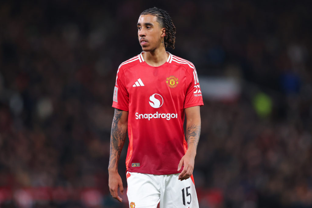 Leny Yoro of Manchester United during the Emirates FA Cup Fourth Round match between Manchester United and Leicester City
