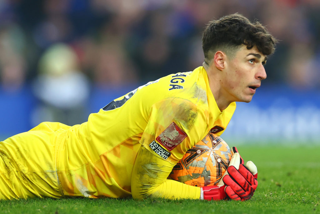 Kepa Arrizabalaga of Bournemouth looks on during the Emirates FA Cup Fourth Round match between Everton and AFC Bournemouth at Goodison Park on Fe...