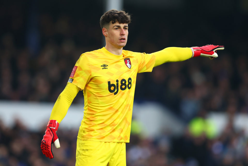 Kepa Arrizabalaga of Bournemouth gestures during the Emirates FA Cup Fourth Round match between Everton and AFC Bournemouth at Goodison Park on Fe...