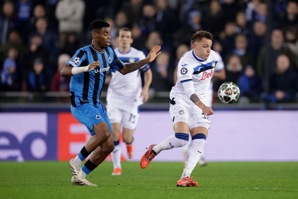 (L-R) Joel Ordonez of Club Brugge , Mateo Retegui of Atalanta Bergamo during the UEFA Champions League match between Club Brugge v Atalanta Berga...