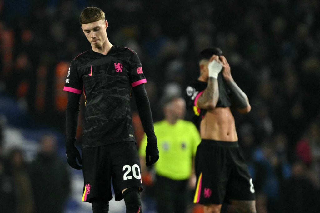 Chelsea's English midfielder #20 Cole Palmer (L) and Chelsea's Argentinian midfielder #08 Enzo Fernandez react after the team conceded a second goa...
