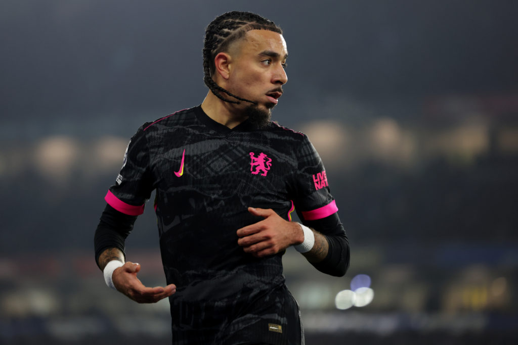 Malo Gusto of Chelsea during the Premier League match between Brighton & Hove Albion FC and Chelsea FC at Amex Stadium on February 14, 2025 in ...