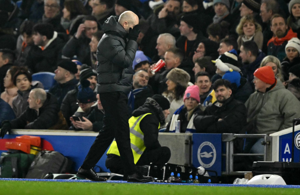 Chelsea's Italian head coach Enzo Maresca reacts during the English Premier League football match between Brighton and Hove Albion and Chelsea at t...
