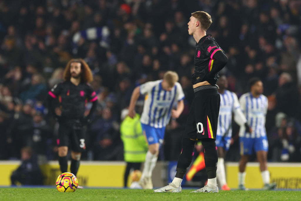 A dejected looking Cole Palmer of Chelsea after Yankuba Minteh of Brighton & Hove Albion scored for 2-0 during the Premier League match between...