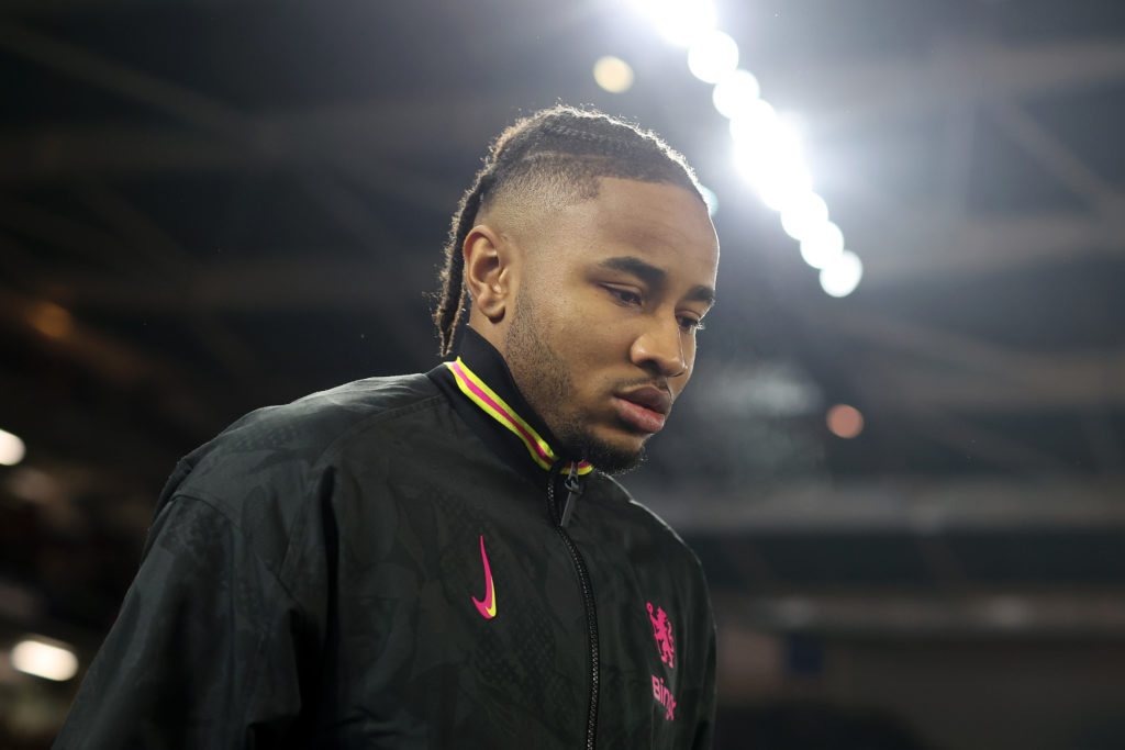 Christopher Nkunku of Chelsea looks on as he walks out for the line up prior to the Premier League match between Brighton & Hove Albion FC and ...