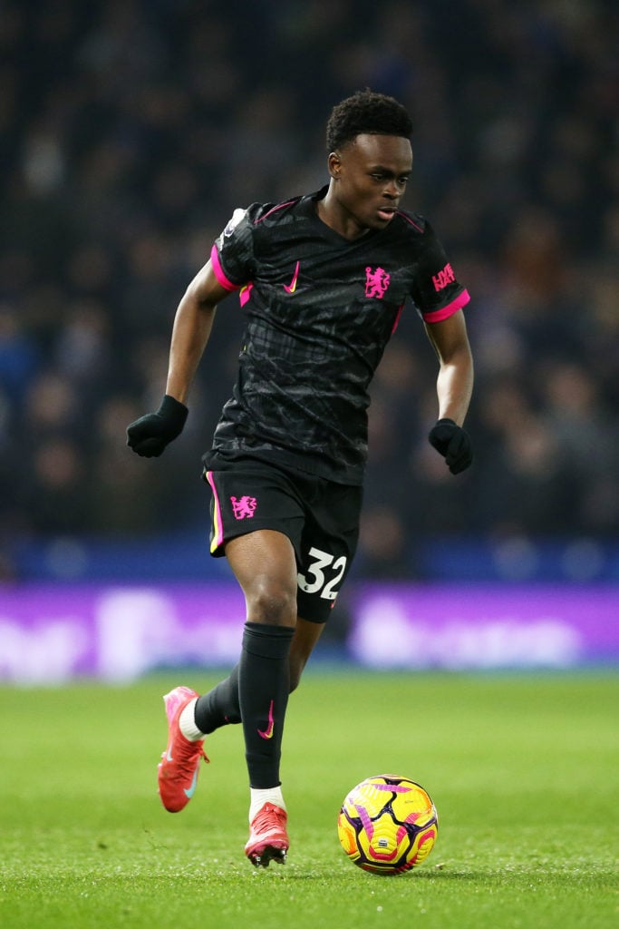 Tyrique George of Chelsea runs with the ball during the Premier League match between Brighton & Hove Albion FC and Chelsea FC at Amex Stadium o...