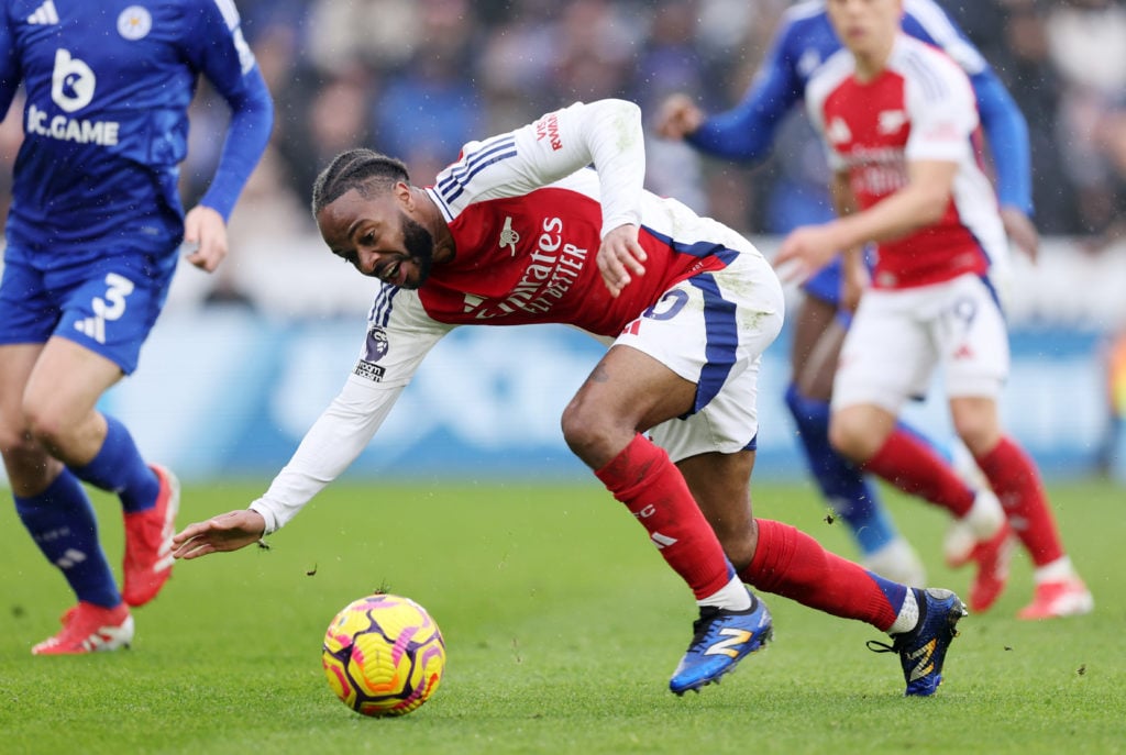 Raheem Sterling of Arsenal during the Premier League match between Leicester City FC and Arsenal FC at The King Power Stadium on February 15, 2025...