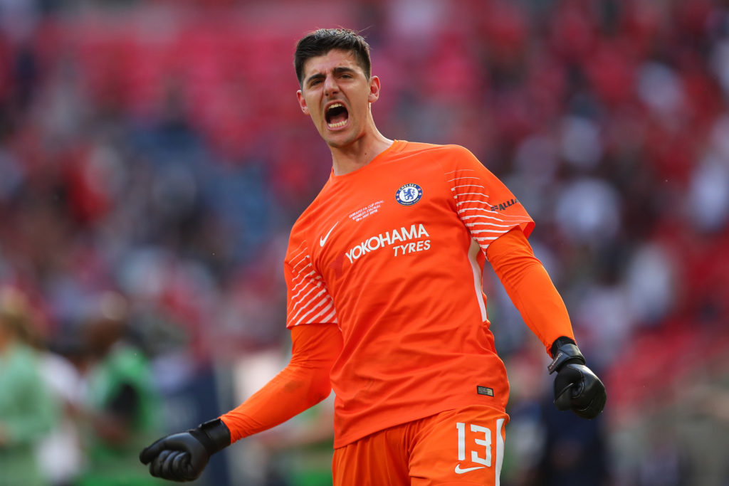 Thibaut Courtois celebrating after Chelsea beat Manchester United in FA Cup final