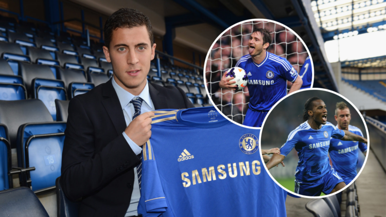 Eden Hazard of Chelsea during a Chelsea magazine feature with an inset of Chelsea's English midfielder Frank Lampard celebrating after scoring Chel...
