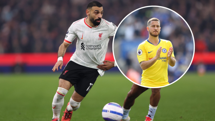 Mohamed Salah of Liverpool is challenged by Ian Maatsen of Aston Villa during the Premier League match between Aston Villa FC and Liverpool FC at V...