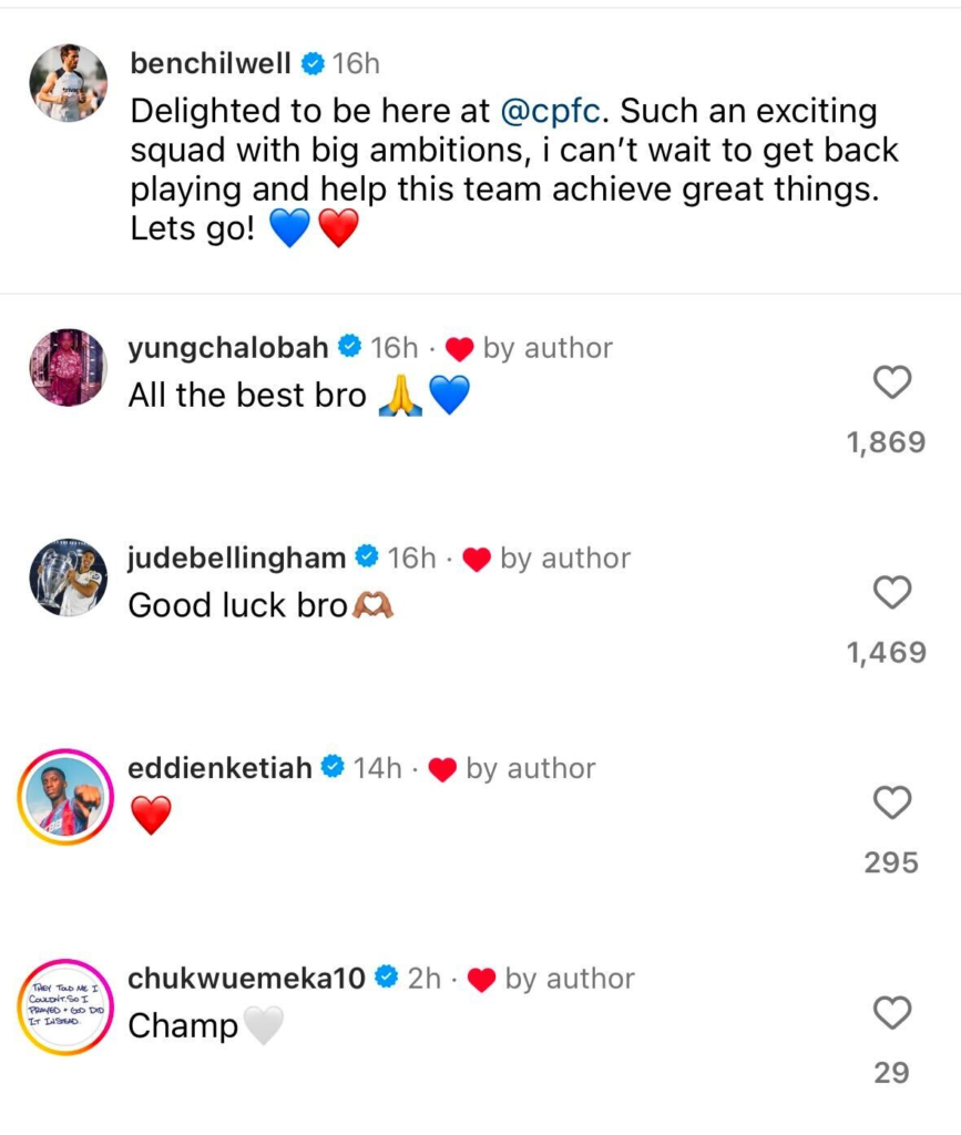 Ben Chilwell reacts on Instagram after joining Crystal Palace on loan Ben Chilwell reacts on Instagram after joining Crystal Palace on loan