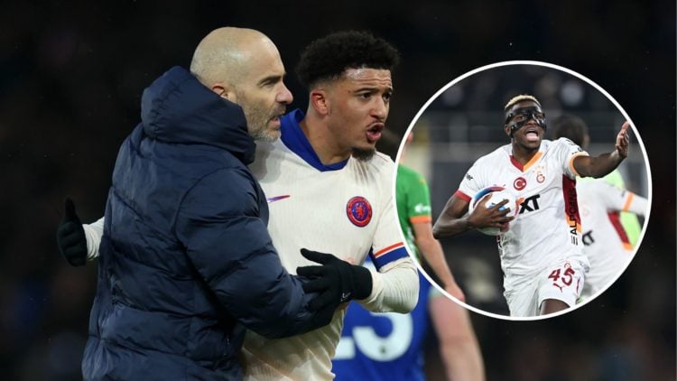 Jadon Sancho of Chelsea is consoled by Enzo Maresca, Manager of Chelsea, after the draw in the Premier League match between Everton FC and Chelsea ...