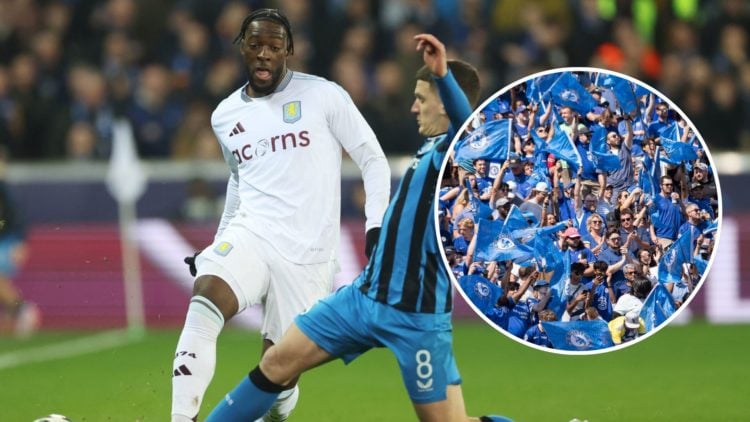 Axel Disasi of Aston Villa. Inset, Chelsea fans in pre-season